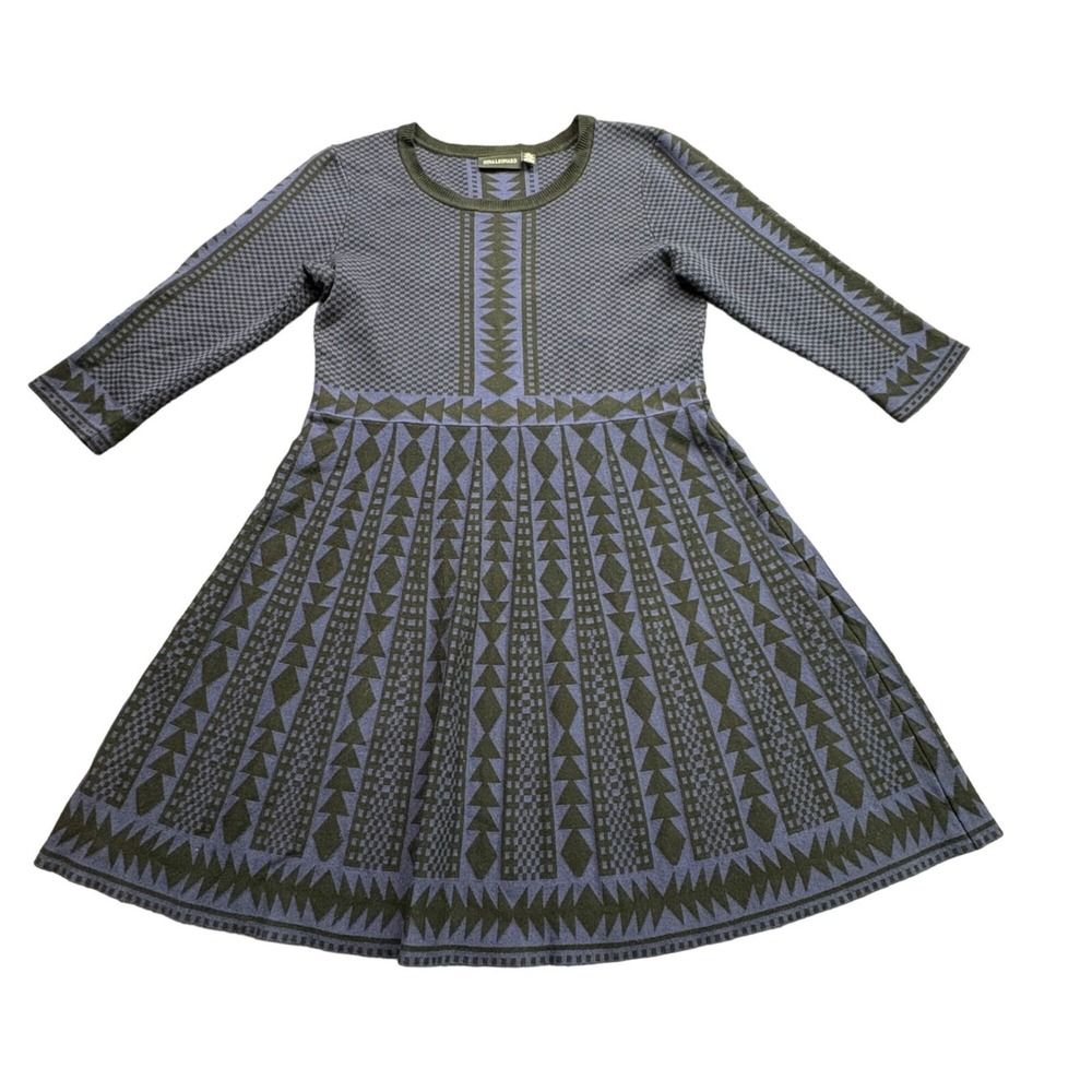 Nina Leonard Sweater Dress Womens L‎ Blue Black Geometric Aztec Boho Artsy Fairy